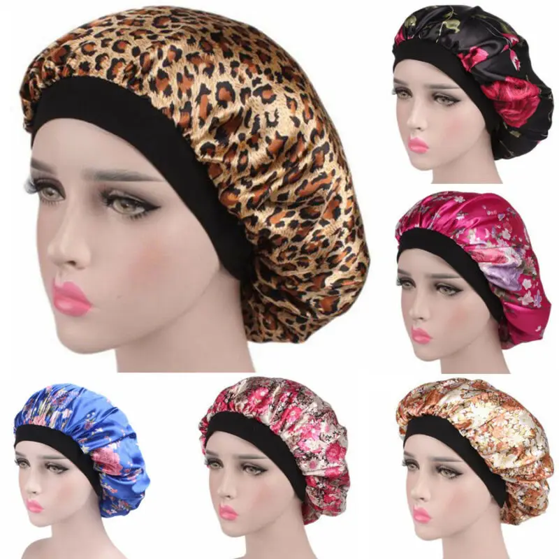 Новая модная женская атласная шапка для ночного сна головной убор шляпа для душа s шелковая Крышка для головы широкая эластичная лента