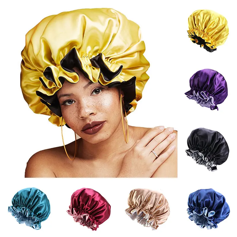 

Night Cap Round Satin Bonnet Sleep Hat Soild Color Fashion Women Double Layer Reversible Curly Springy Big Lace Head Cover