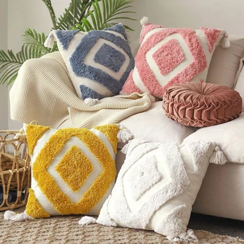 

Morocco Throw Pillow Case Minimalist Diamond Pattern Tufted Tassel Cushion Cover 4XFA