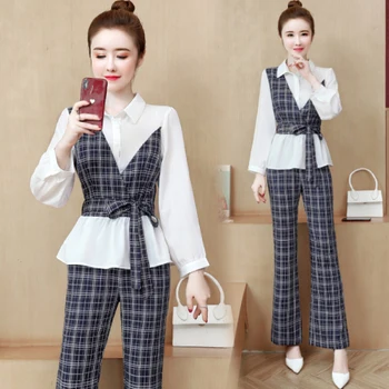 

Stylish Plaid Stitching Women's Suit Two Piece Set Trendy Clothes For Women Ensemble Femme Survetement Year-old Female Costume