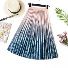 Теплая бархатная юбка миди для женщин, Осень-зима, Корейская юбка с высокой талией, ампир, Женская градиентная плиссированная длинная юбка