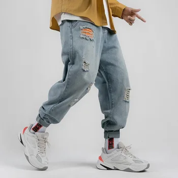 

Hip Hop Denim Trousers Men Loose Mid-waist Light Blue Distressed Jeans High Street Ripped Jeans For Men Fashion Men Jeans Pants