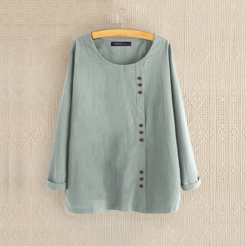 Light Green Женская блузка, ZANZEA, женская рубашка, Женская Повседневная свободная туника с круглым вырезом, топы для офиса, на пуговицах, хлопок, Blusas Femininas S-5XL - Цвет: Light Green