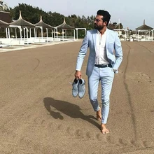Summer Blue Linen Men Suits Groom Wedding Tuxedo Best Man Blazer Casual Groomsmen Wear 2piece Costume Homme Terno Masculino