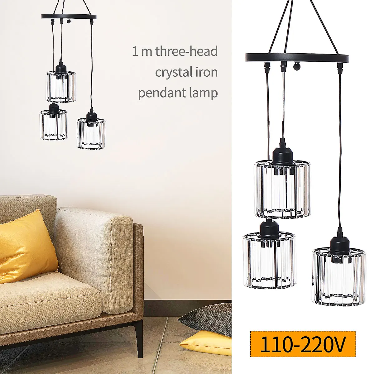 

Modern Pendant Light 3 Head Iron Crystal Lamp Hallway Bedroom Home Bar Fixture Decoration Indoor Lighting 110-220V E26 E27