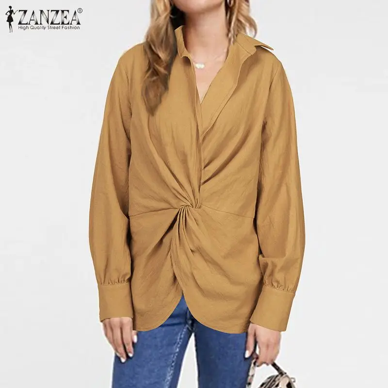  2020 ZANZEA Women Fashion Shirts Ladies Crissed V Neck Tops Blouse Cotton Work Office Tunic Tops Lo