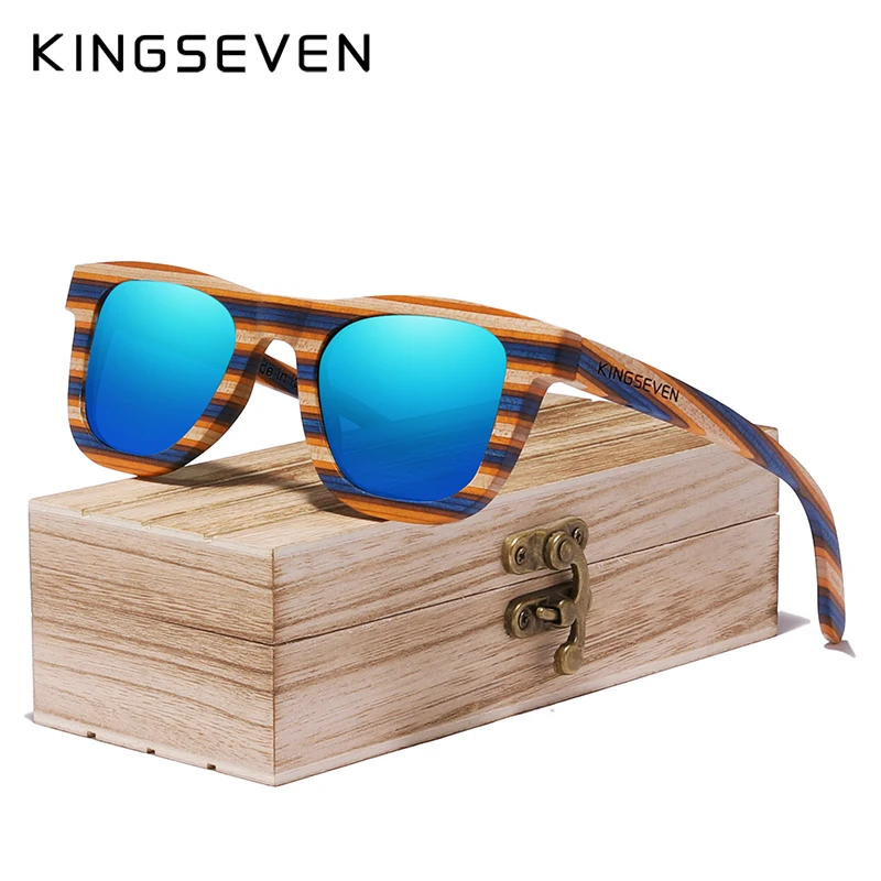 KINGSEVEN, ручной работы, дизайн, солнцезащитные очки, цветные, деревянные, полная оправа, женские, Роскошные, брендовые, мужские очки, Oculos de sol - Цвет линз: Blue