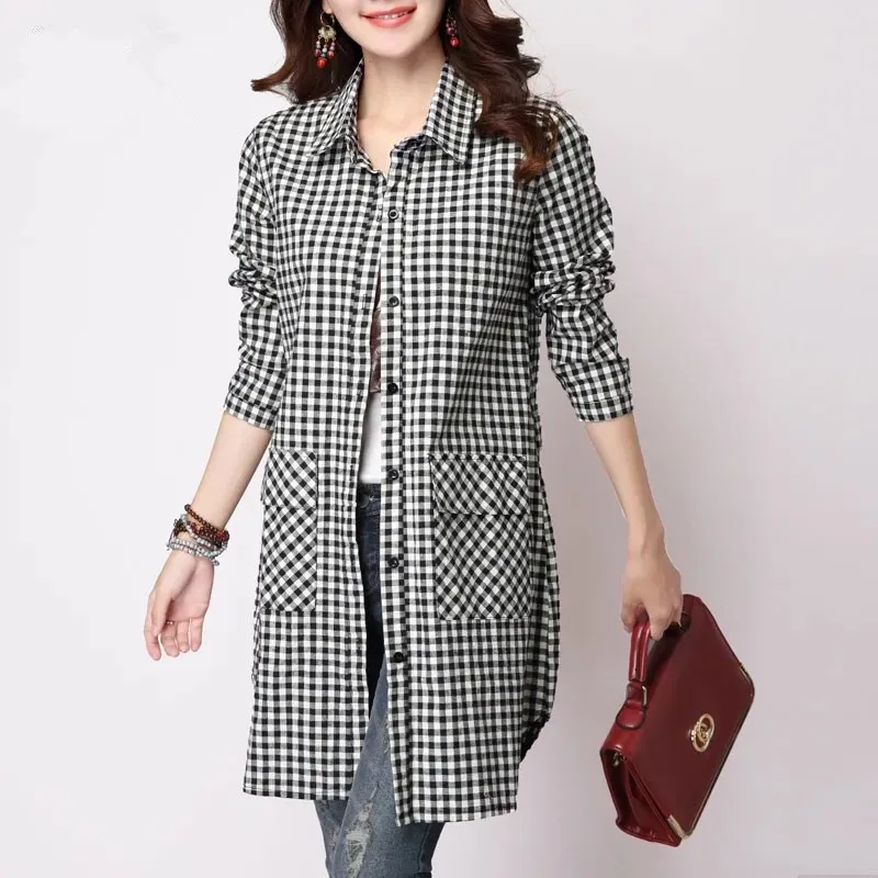 

New Female Plaid Long-sleeve Shirt And Long Turn-down Collar Wide Shirts Women Casual 5xl Blouse Tops Female Lu2091