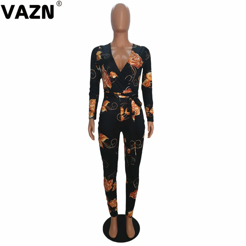 VAZN SH7119 Горячие Классические черные цветы сексуальные взрослые возраст мода полный рукав шнуровка Высокая талия эластичный женский сверкающий комбинезон
