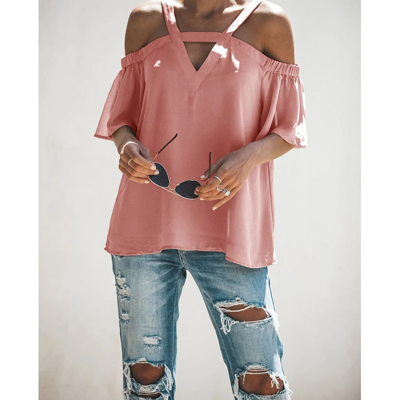 

Women's Hot Sale Halter Fashion V-neck Sexy Blouse Hollow Strapless Loose Flared Sleeve Stitching T-shirt All-match Blouses
