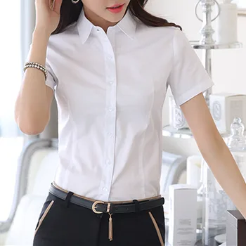 V넥 반팔 단색 작업 셔츠 상의, 패션 여성 블라우스 OL 화이트 여성 의류 2023