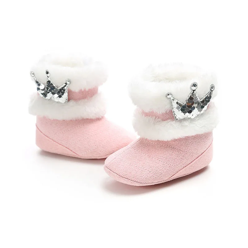 Silver Pink Детская обувь для малышей; обувь для мальчиков и девочек; зимние теплые ботинки с короной; детские ботинки с высоким голенищем на липучке; Зимние Повседневные утепленные хлопковые ботинки - Цвет: Silver Pink