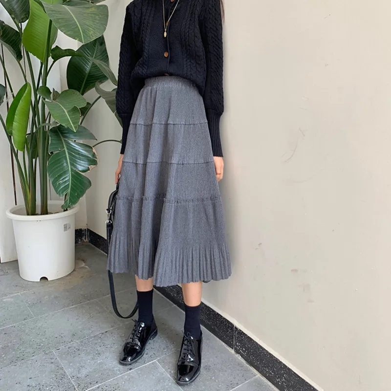 gray skirt women RealShe, Женская юбка, длинная, высокая талия, свободная, а-силуэт, длинная юбка для женщин, весенняя, повседневная, уличная, с оборками, Однотонная юбка, Femme - Цвет: gray skirt women