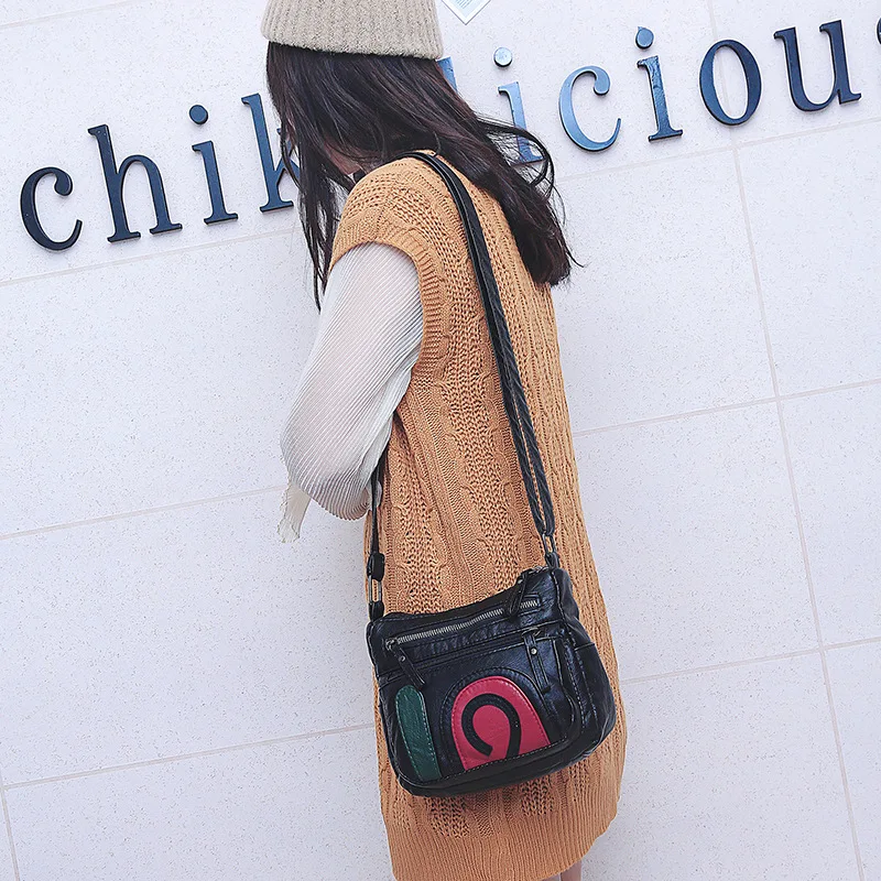 

2018 Autumn And Winter New Style WOMEN'S Bag Washed Leather Contrast Color Shoulder Bag Soft Leather Casual Shoulder Bag Versati