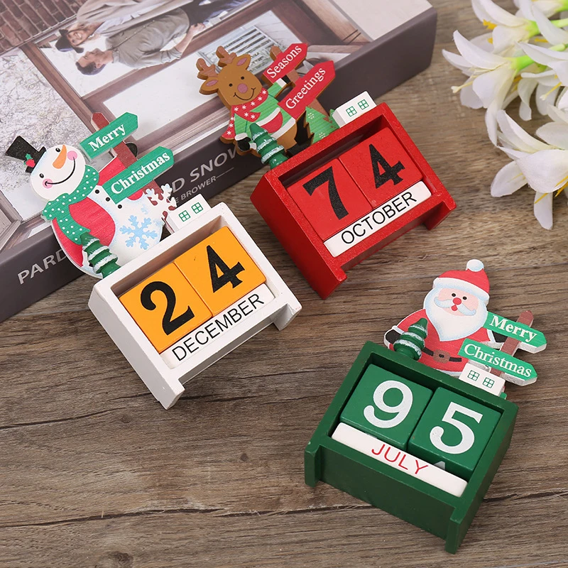 Christmas Advent Countdown Calendar Wooden Santa Claus Snowman Reindeer Pattern With Painted Blocks Holiday Home Ornament Decor