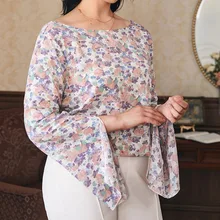 

Curvy Clothes Plus Size Woman Oversize Alt Blouse Backless Autumn Elegant Ladies Body Print Flared Sleeve Sexy Nick Women Tease