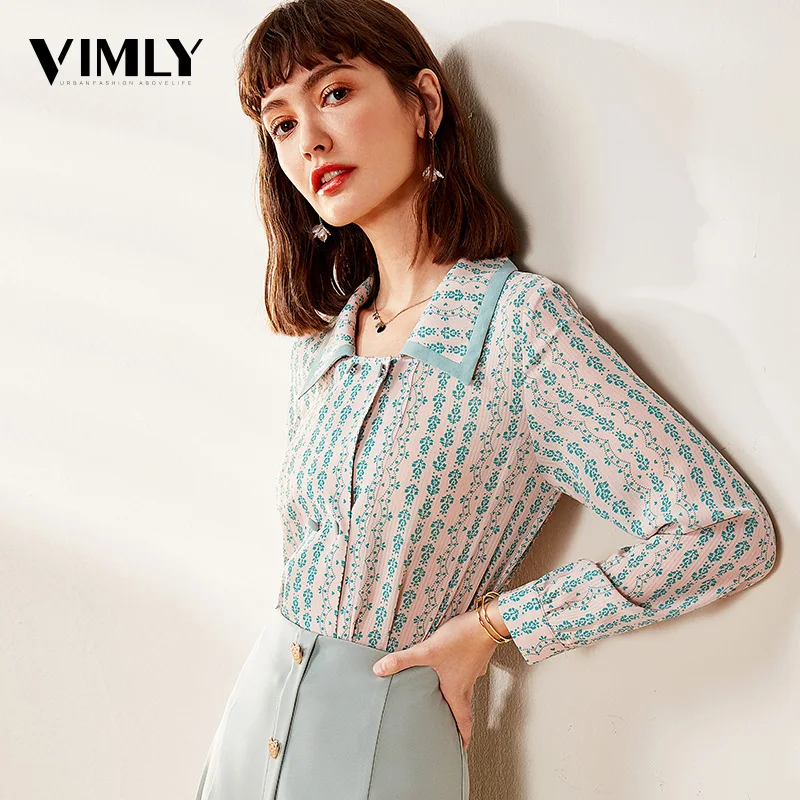 

Vimly Women Vintage Office Chiffon Blouse Shirt Elegant Ladies Print Tunic Shirts Female Turn Down Collar Tops