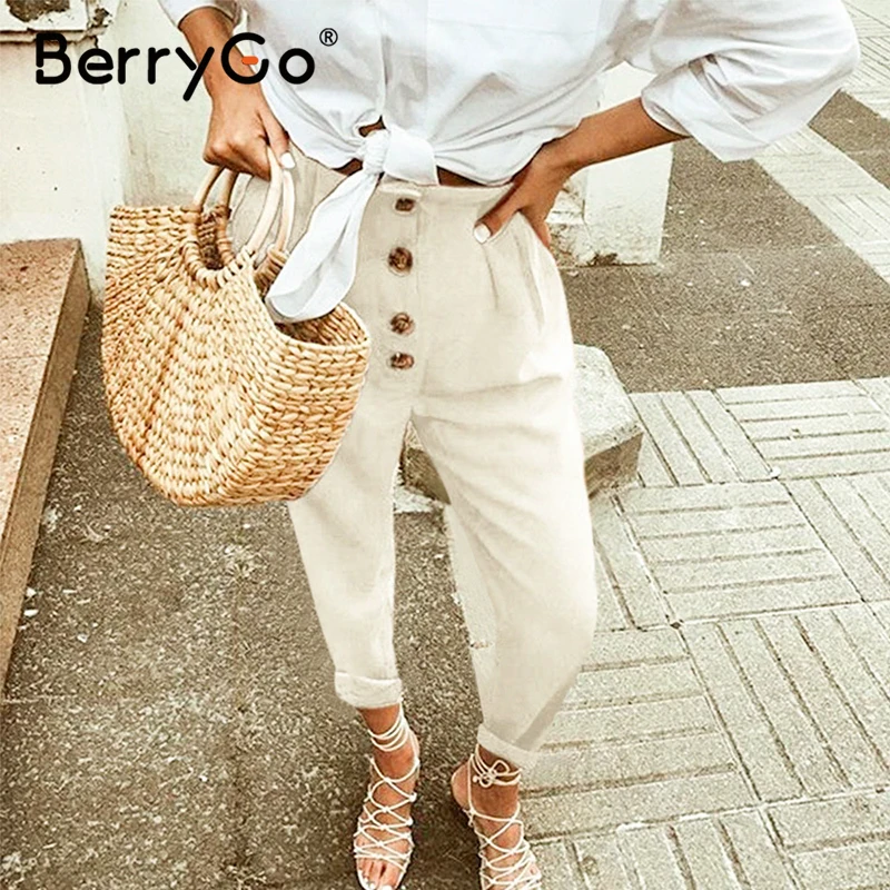 

BerryGo High street casual pants women Buitton casual loose high waist pants Holiday beach summer trousers ladies plus size 2020
