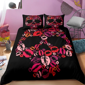

Skull Silhouette Art Bedding Set Lips Kisses Print Duvet Cover Home Bed Comforter Cover Sets Double Queen Room Decor Bedspread