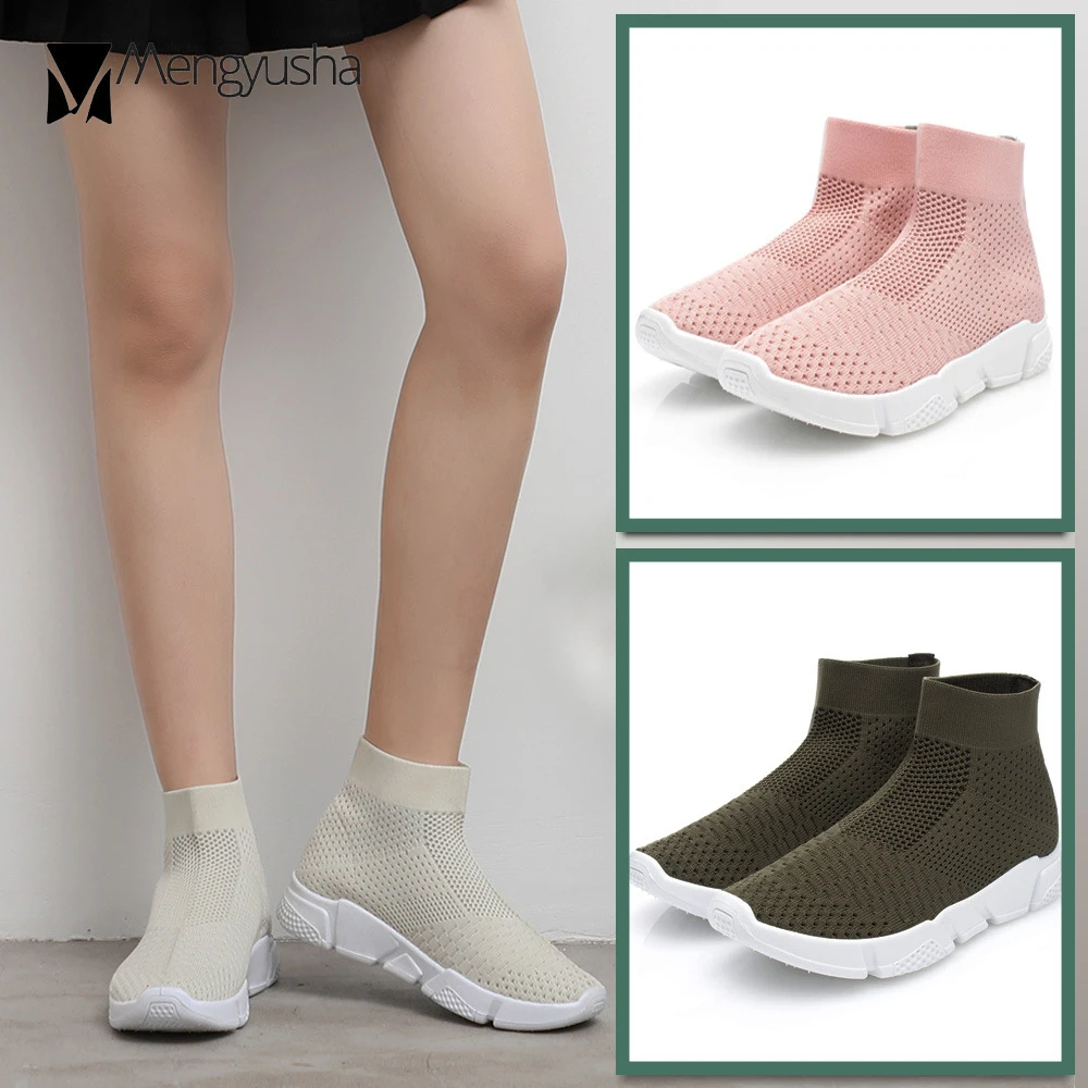 

sweet pink knitting air-mesh sock boots women stretch weave ankle boots breathable high top summer shoes woman botas mujer c26