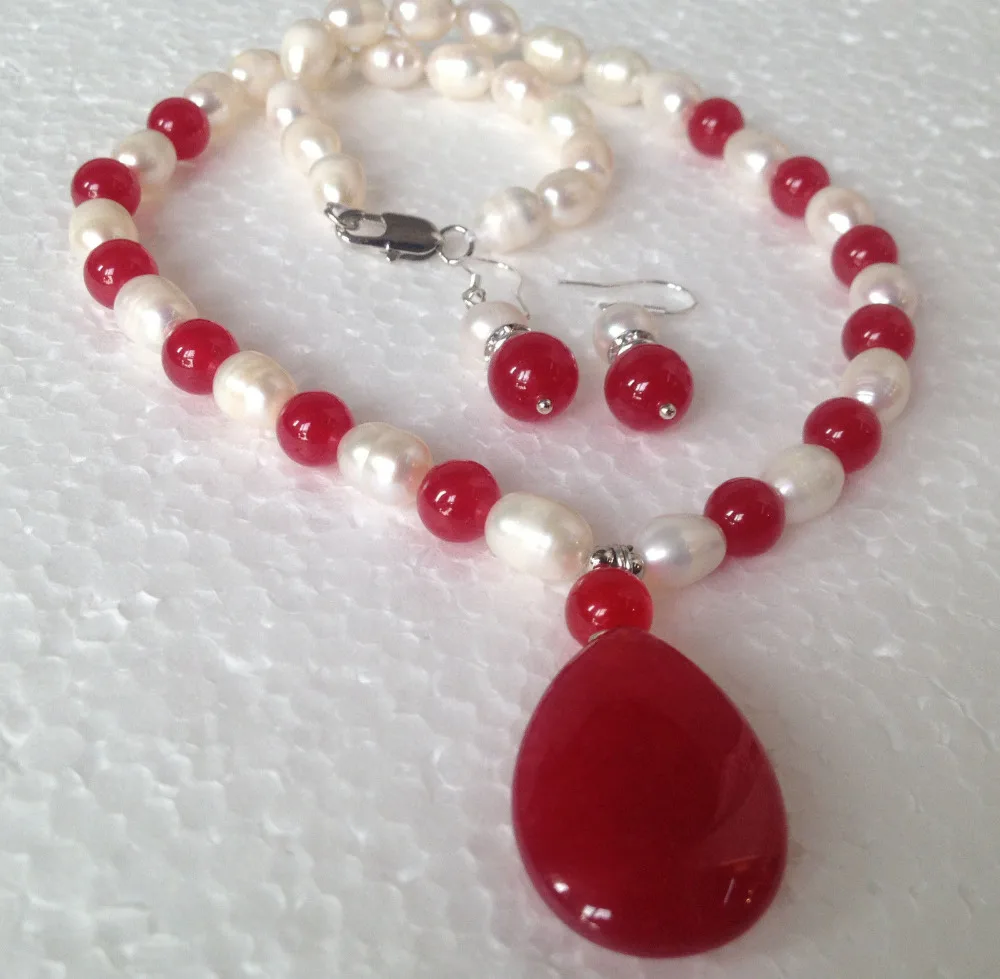 Fast + 07681 Natural White Akoya Pearl/Ruby Pendant Necklace earrings set (A0516) | Украшения и аксессуары