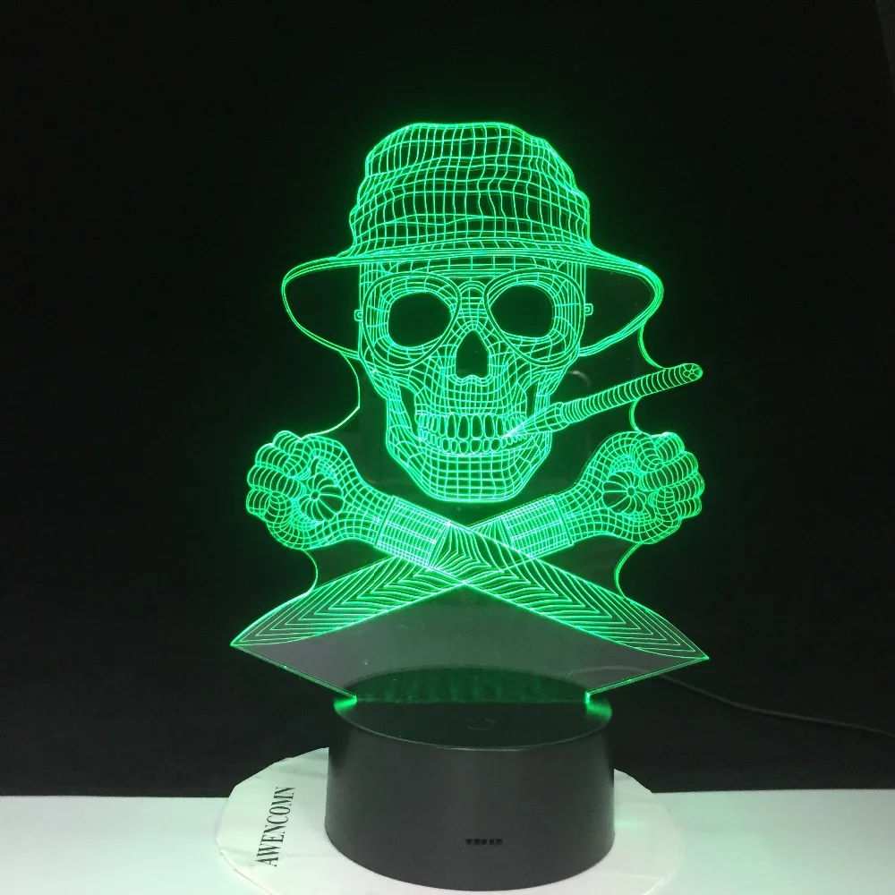 Скелет пирата 3D лампа светодиодный USB креативный Череп 3d ночник 7 цветов изменить акриловый пульт дистанционного сенсорного переключателя настольная лампа 3390