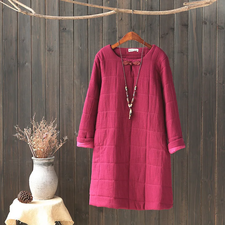 

[Cotton Linen Retro] 2017 Autumn New Style Autumn New Arrival Versatile Plain Color Cotton Linen Mid-length Small Cotton-padded