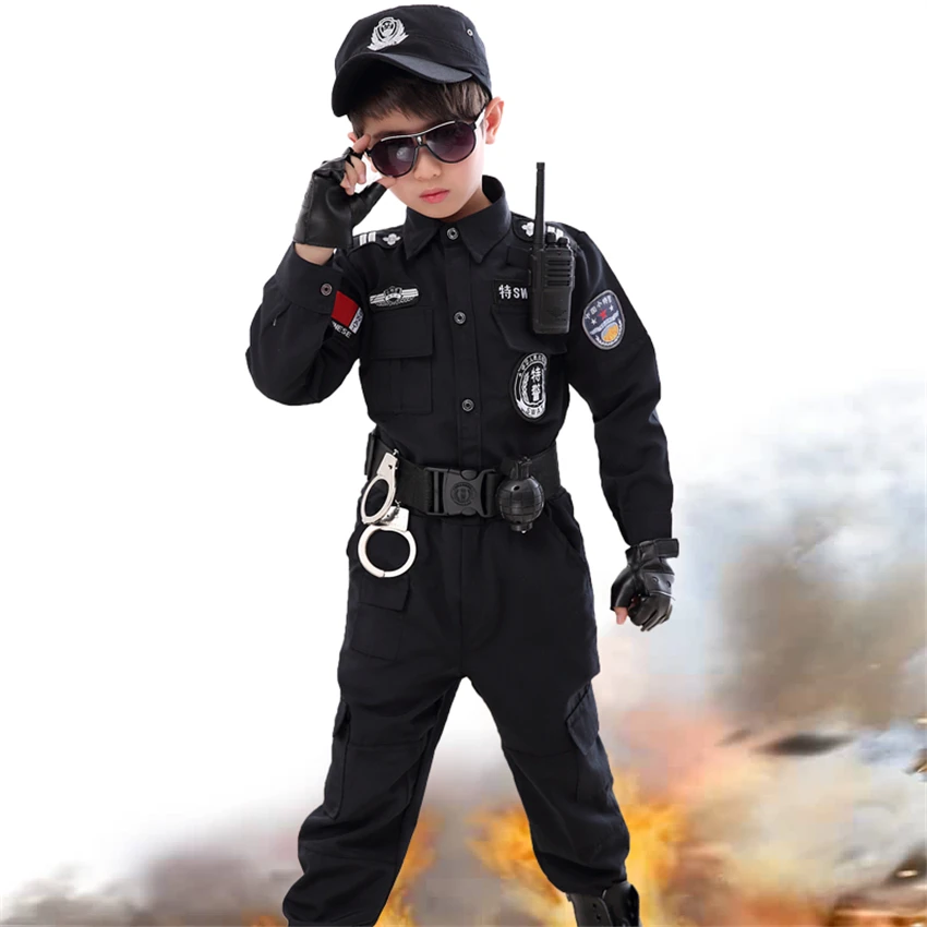Billig Kinder Halloween Polizist Kostüme Kinder Party Karneval Polizei Uniform 110 160cm Jungen Armee Polizisten Cosplay Kleidung Sets