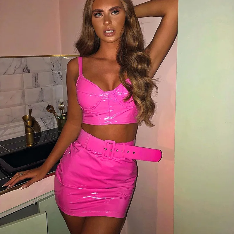 

Pu Leather Crop Tops Mini Skirt Neon Color Women Suit New Sexy Halter Strap Wrapped Chest Mini Skirts with Belt Womens Clothing