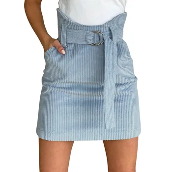 

2020 Women A-Line Mini Skirt Female Formal Officewear Blue High Waist Fleece Vintage Mini Striped Skirts Belt