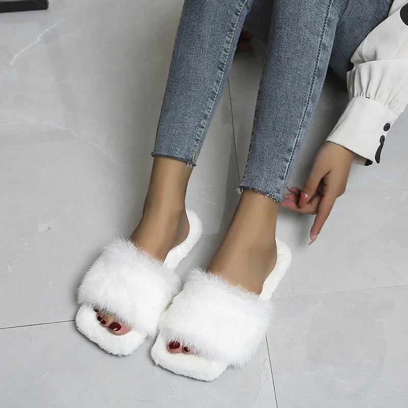 COOTELILI Winter Women Home Slippers Square Toe With Faux Fur Fashion Keep Warm Shoes Woman Slip on Flats Plus Size 41 42 43