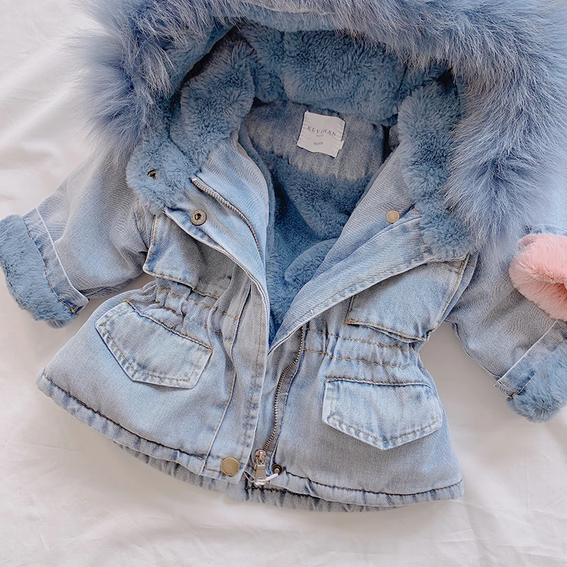 Autumn Winter New Arrival Girls Fashion Denim Coat Kids Fashion Jackets with Fur Hoodies Kids Thick Fleece Coat