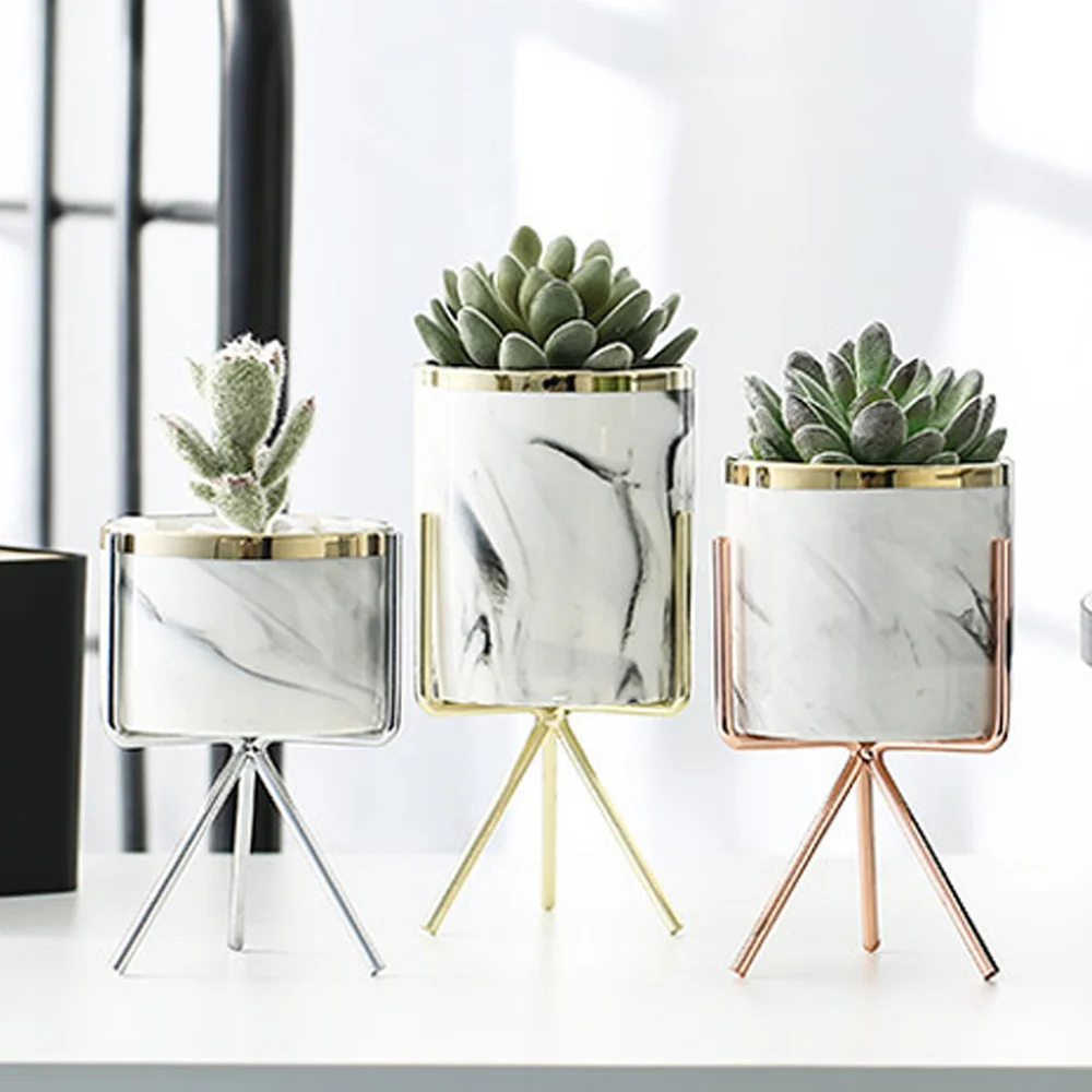 Vase Decorative Plant-Pot Iron-Art Marble-Pattern Rose-Gold Office Nordic Ceramic Silver