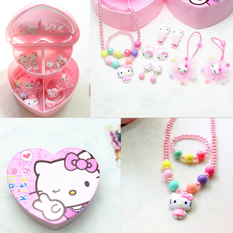 Весь набор hello kitty/аксессуары в виде мишки для девочек, эластичные резинки для волос, заколки для волос, заколки, ожерелье, серьги, детский подарок на день рождения - Цвет: Pink KT A