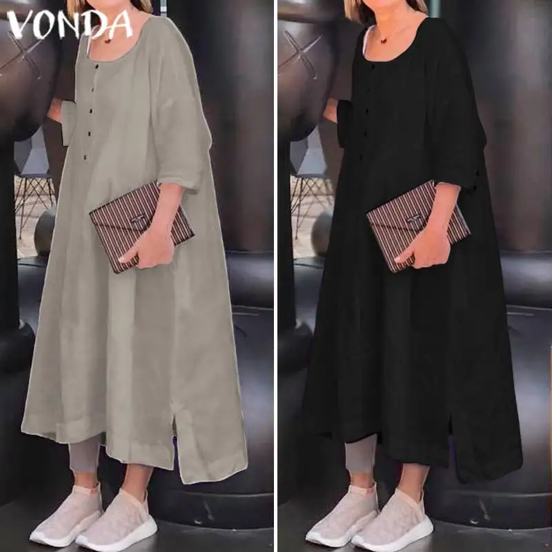 VONDA женское Несимметричное длинное платье повседневное свободное хлопковое однотонное свободное платье плюс размер 3/4 рукав богемное Vestidos 5XL