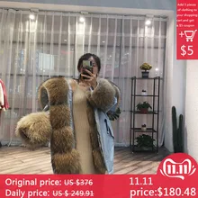 Корейская мода, зимняя куртка для женщин, большой воротник из натурального меха, длинная парка, уличная одежда, натуральный мех, пальто, белый утиный пух, куртка