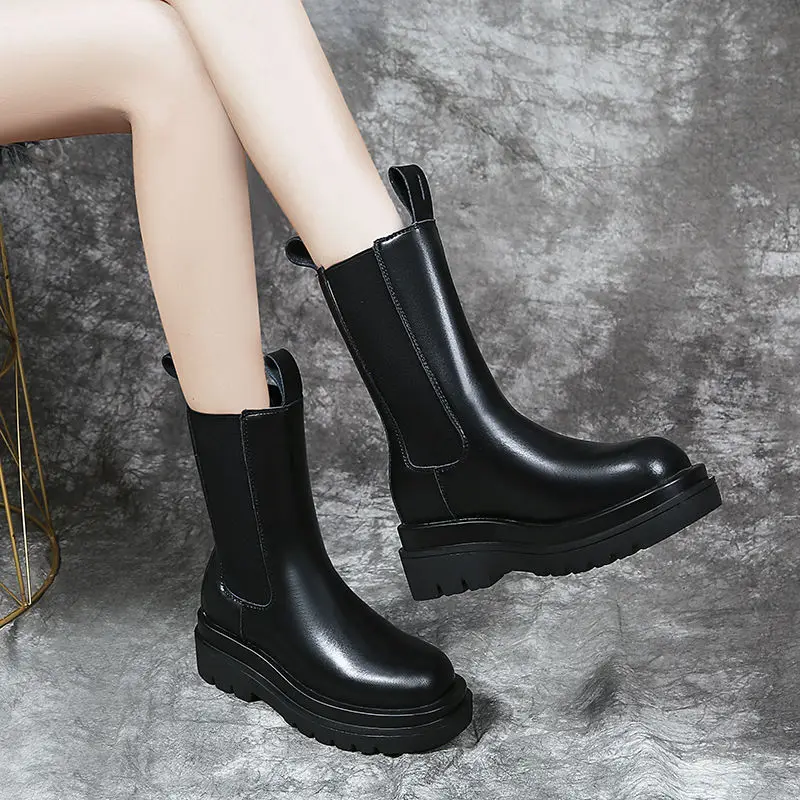 Timalina Europe Style Women's Shoes Women Boots Autumn Cowskin Leather Half Boots Thick Heels Fashion Martin Boots Round Toe