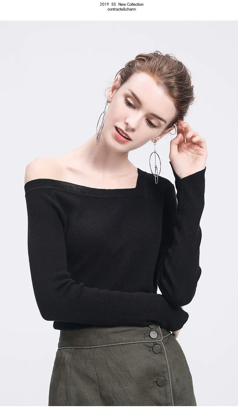 LZJN 2019 Women Sweater Long Sleeve Shirt Women Casual Office Top Sexy V-Neck Off Shoulder Pullover Sweater Loose Knit Jumper (21)