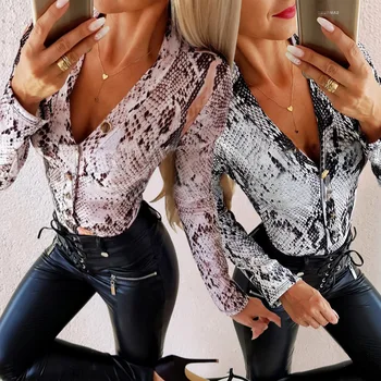 

Women Long Sleeve Serpentin Skin Prinetd Bodysuit Autumn Casual Jumpsuit Bodysuit Slim V Neck Leotard Tops Fashion Slim Bodysuit