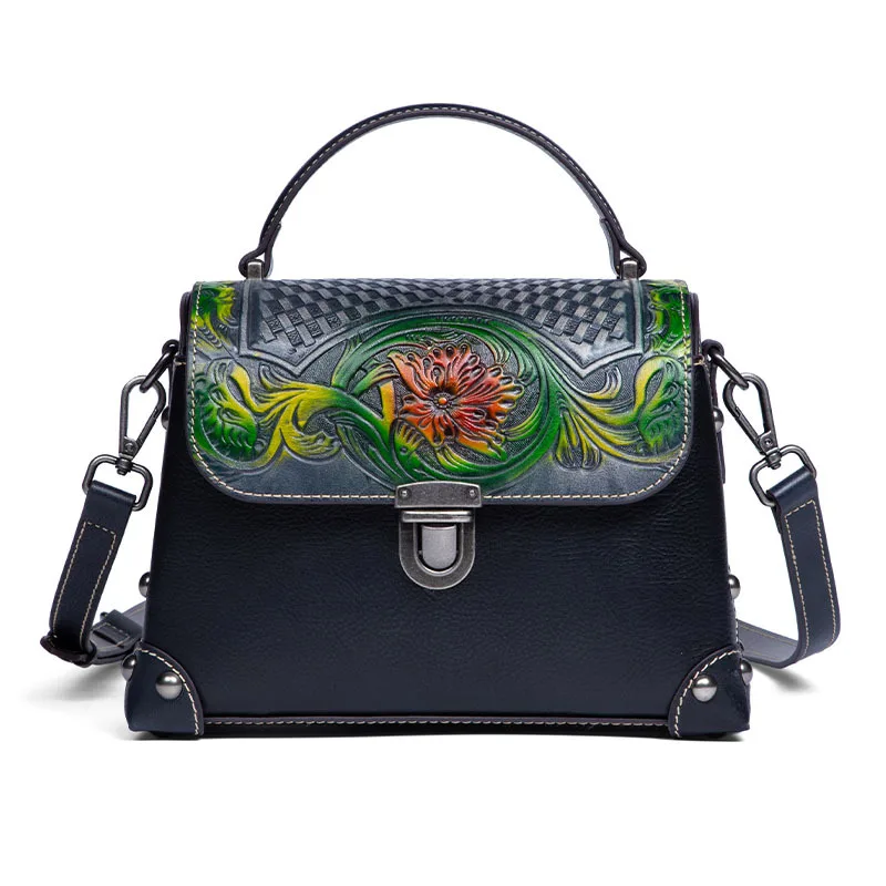 Floral Genuine Leather Retro Painted Carving Craft Women Tote Bag