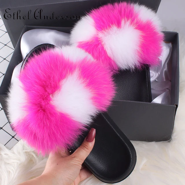 2021 Hot Sale Women Real Fox Fur Slippers Multi-color Summer Fashion Slides Casual Female Furry Shoes As picture