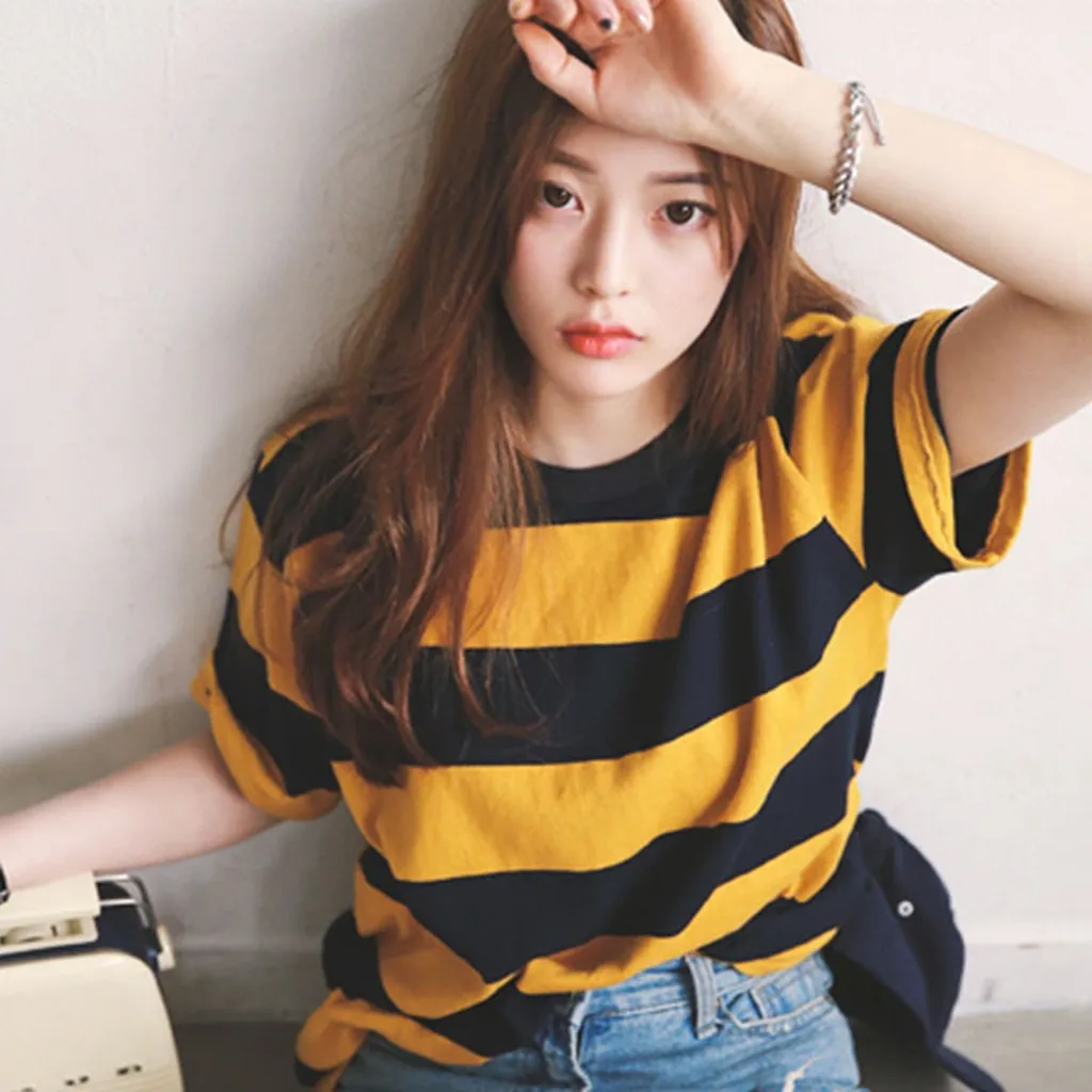 T Shirt Women Yellow Black Striped Tops Harajuku T-shirts Summer Short Sleeve Korean Punk Tee Camiseta Feminina Топ #T5P