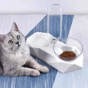 

Adjustable Raised 15 Degree Tilted Automatic Water Dispenser Home Non Slip Feeding Drinking Rhombus Pet Accessories Cat Bowl Set