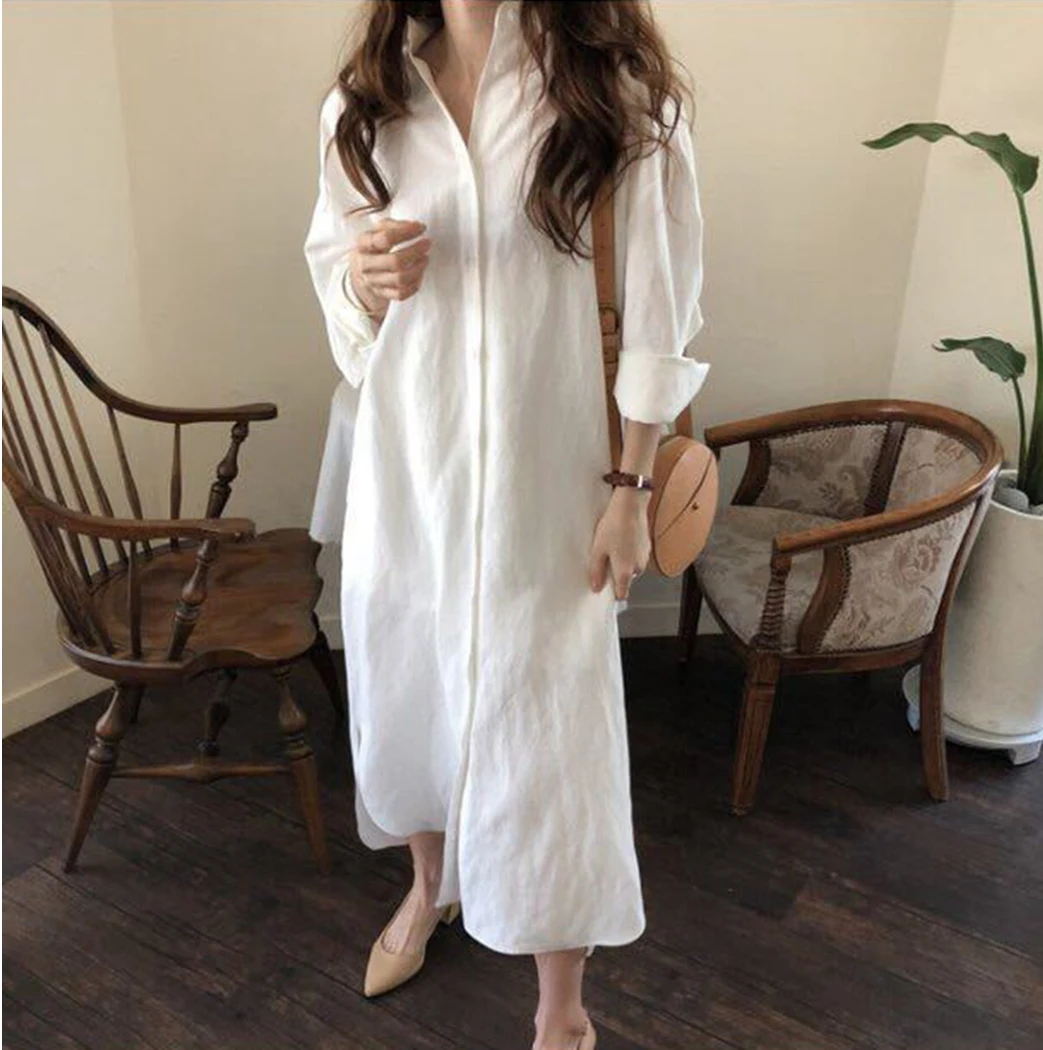 

Vintage Women Long Shirt Dress Autumn Cotton Linen Long Sleeve Maxi Dress Casual Turn Down Collar Button Loose Dresses Vestidos