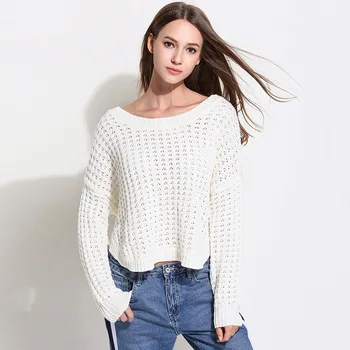 

Autumn Pulllovers Women's Long Sleeved Round Neck Irregular Long Sexy Sweater Fashion Solid Color Female Clothing 2019 Hot sale