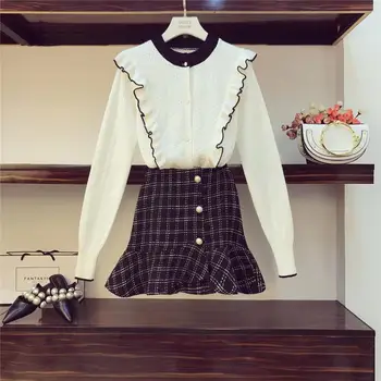 

Two Pieces Set Women Korea Ruffles Knitted Sweater Pullovers+High Waist Button Plaid Tweed Mini Skirts 2 Pieces Clothing Set Set