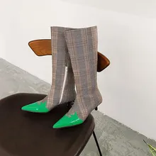 Популярные холщовые лоскутные Сапоги до колена в клетку; женские сапоги с острым носком на каблуке «рюмочка»; модная женская обувь