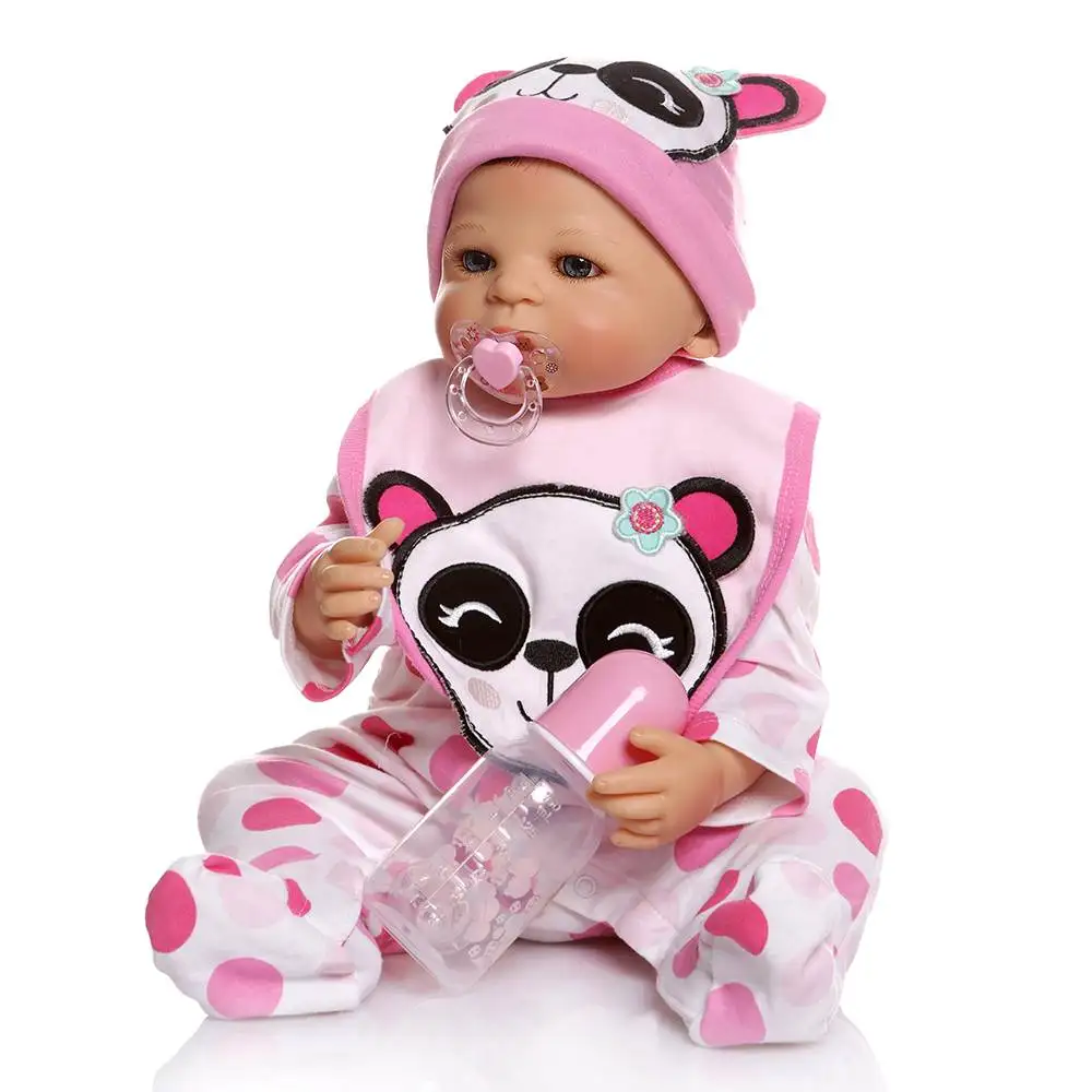 

55CM full body silicone doll reborn baby dolls in panda dress bath toy shower doll Anatomically Correct