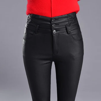 

2019 winter leather pants women's new thin stretch tight skinny single-breasted high waist plus velvet trousers