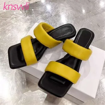 

Sponge Leather Mules High Heels Women Square Toe Sandals Women Kitten Heel Slippers Woman Low Heel Summer Party Shoes Mujer